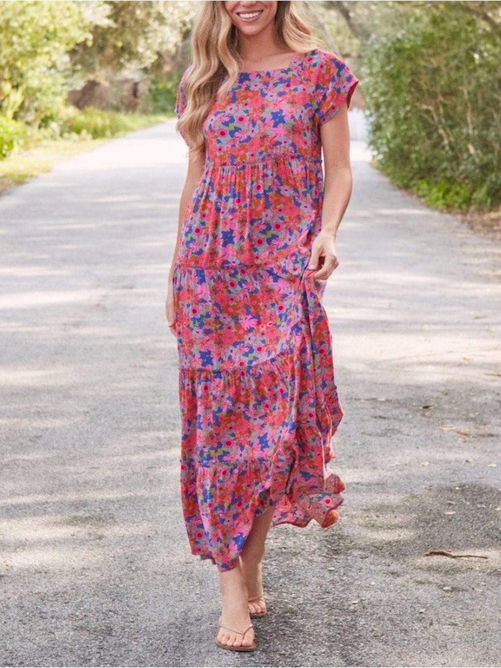 Natural Life Berkley Floral Tiered Maxi Dress Bohemian Earthy Minimalist Large